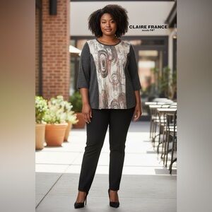 Claire France 14+, Plus Size 2X, Top New Abstract Print, Gray, Cream, Pink